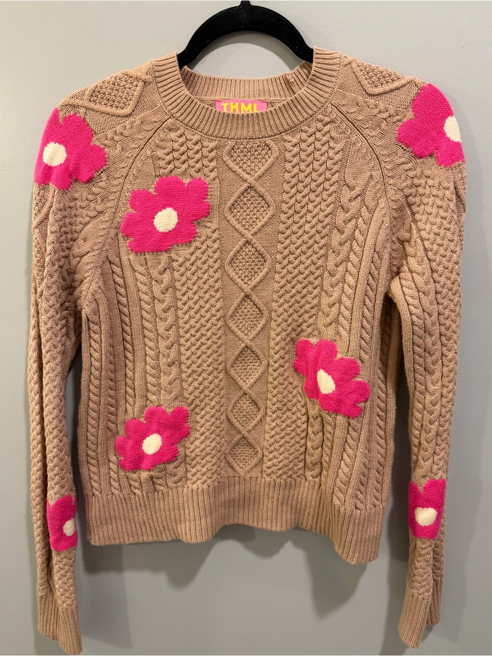THML Cable Knit Sweater with Pink Flower Print Tan Size M